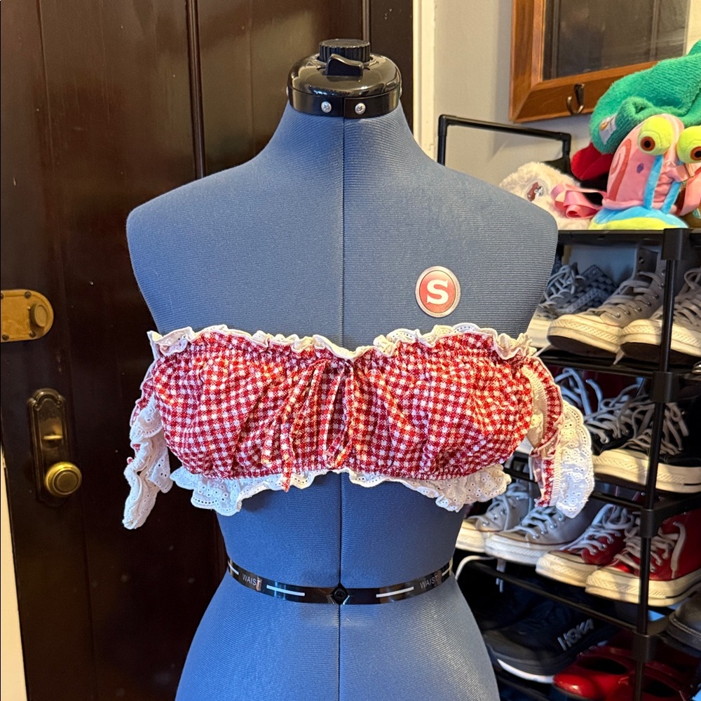 UO Gingham Off-Shoulder Top with Lace Trim